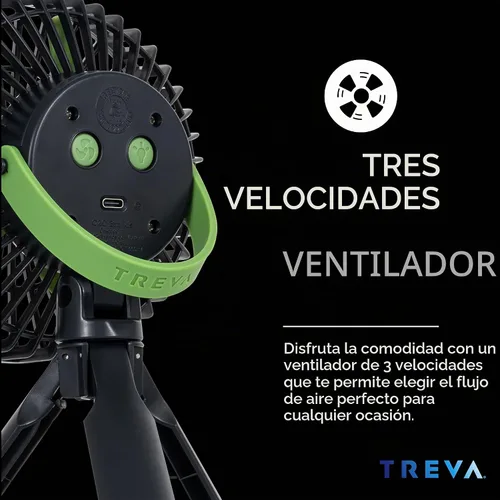 Vista 5 de Treva - Ventilador de trípode de 5 pulgadas con luz y soporte para teléfono recargable de 3 velocidades