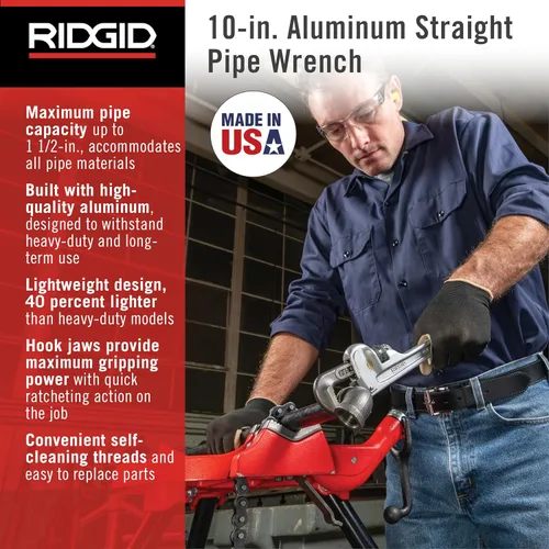 Vista 3 de RIDGID 31090 Llave de tubo recto de aluminio, llave de fontanería resistente de 10 pulgadas con hilos autolimpiantes y mordazas de gancho