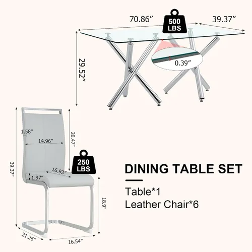 Vista 5 de Juego de 6 mesas de comedor de cristal, moderno juego de mesa de comedor de vidrio templado rectangular transparente de 71 pulgadas y 6 sillas