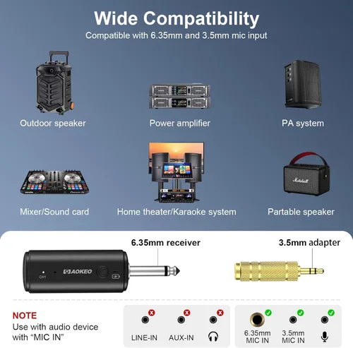 Vista 6 de Aokeo Micrófono inalámbrico con receptor recargable, micrófono de karaoke de mano dinámico UHF, rango de 100 pies, para altavoz amplificador