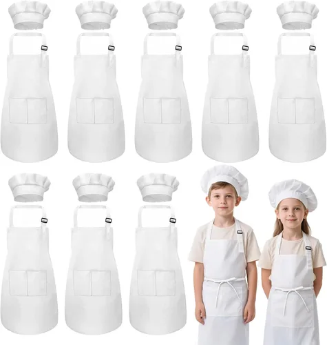 Vista 9 de Juego de delantal y sombrero de chef para niños, 24 piezas con 2 bolsillos ajustables para cocinar, aula, hornear, pintura, 6 a 13 años