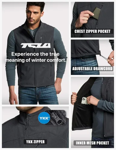 Vista 5 de TSLA - Chaleco Softshell sin mangas para hombre, chaleco cortavientos con cremallera completa, chaleco de senderismo, golf, viajes al aire libre.