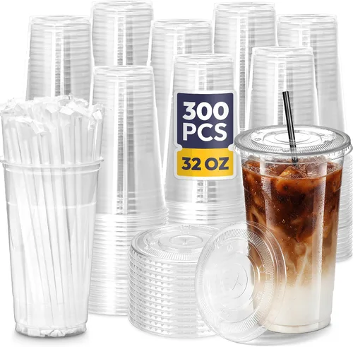 Vista 13 de Fit Meal Prep Paquete de 100 Vasos de Plástico para Café Helado de 9 oz con Tapas Planas y Pajitas Negras, Vaso Transparente Desechable, Vaso Libre
