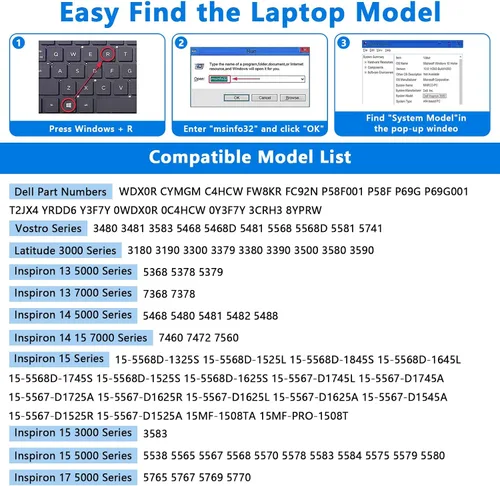 Vista 3 de WDX0R - Batería para portátil compatible con Dell Inspiron 13, 14, 15, 7000, 5000, Series 5379, 5567, 5570, 5579, 7378, 7573, 7579, Latitude 3500