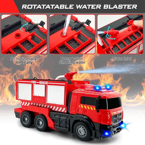 Vista 8 de Grarain Camión de bomberos a control remoto con sonidos LED, juguete de automóvil a control remoto con 3 camiones de bomberos pequeños y 10 modelos