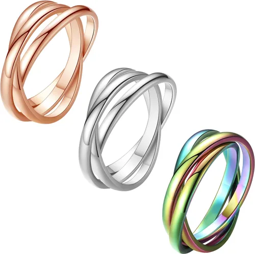 Vista 7 de Bandas entrelazadas triples para ansiedad para mujeres y niñas, 3 piezas de acero inoxidable, rompecabezas de arco iris, anillo de ansiedad, anillo