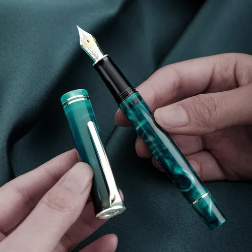 Vista 6 de HONG DIAN N2 - Pluma estilográfica, punta fina de iridio, diseño acrílico azul turquesa, bolígrafo de escritura suave con convertidor y juego