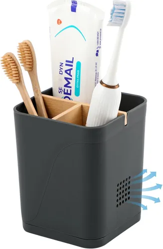 Vista 7 de Soportes para cepillo de dientes con drenaje para baños, soporte para cepillo de dientes de 4 ranuras con divisores de bambú, organizador de cepillo