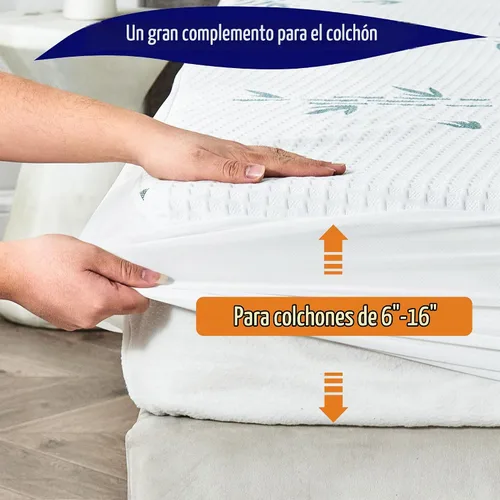 Vista 7 de Protector de colchón de tamaño matrimonial, funda de colchón impermeable de viscosa de bambú transpirable, estilo de rayas refrescantes, bolsillo