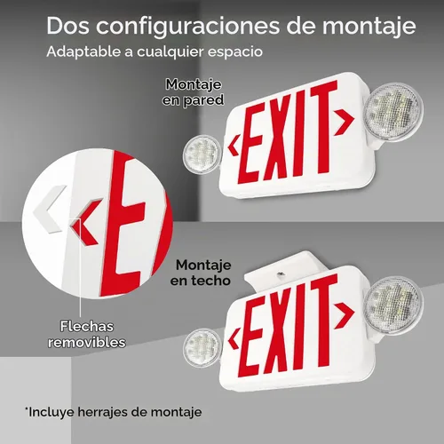 Vista 8 de LFI Lights® - Señal de salida roja combinada con luces de emergencia Carcasa blanca Todos los LED Dos cabezales redondos ajustables cableado