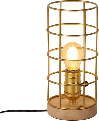 Vista 7 de Lámpara de mesa industrial dorada con jaula de metal, lámpara de escritorio rústica de latón con interruptor de cable enchufable, lámpara de mesa