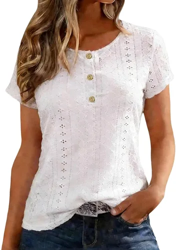 Vista 10 de Camiseta de manga corta con cuello redondo para mujer, blusa holgada con ojales, casual, holgada, para vacaciones, playa, lunares suizos