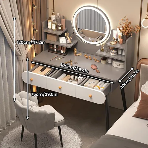 Vista 2 de Mesa de tocador de maquillaje con 3 cajones y 4 estantes, escritorio de tocador con espejo iluminado LED, brillo ajustable de iluminación, mesas