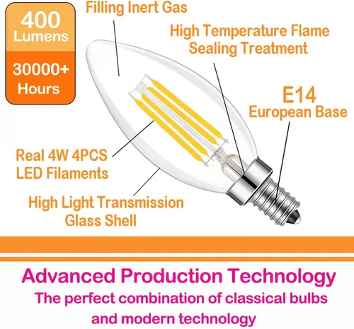 Vista 5 de Bombilla LED con forma de vela de filamento E14, bombilla de base europea E14, blanco neutro 4000 K, equivalente a 4000 lúmenes, 40 W