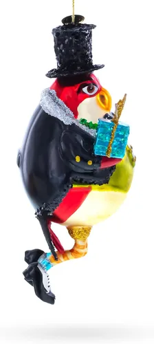 Vista 3 de Adorno navideño de cristal con diseño de pingüino en sombrero negro