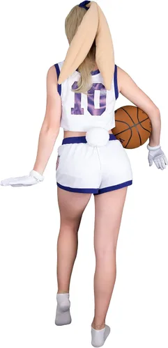 Vista 3 de Cosplay.fm Disfraz de conejito para mujer, atuendo completo con pantalones cortos, guantes de cola de conejo