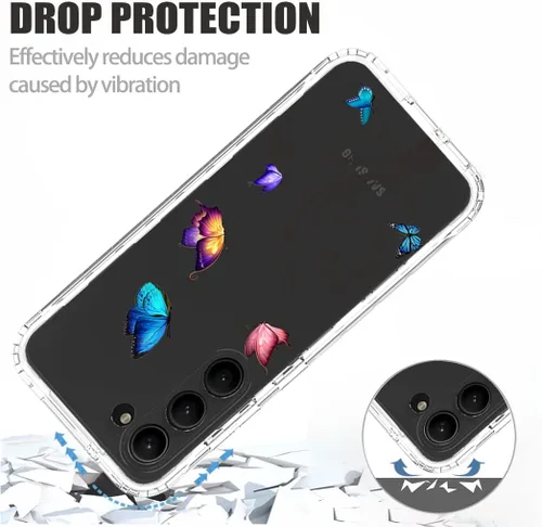 Vista 7 de Funda para Galaxy S23, Samsung S23 con protector de pantalla de vidrio templado, patrón de mariposa transparente de cuerpo completo, funda