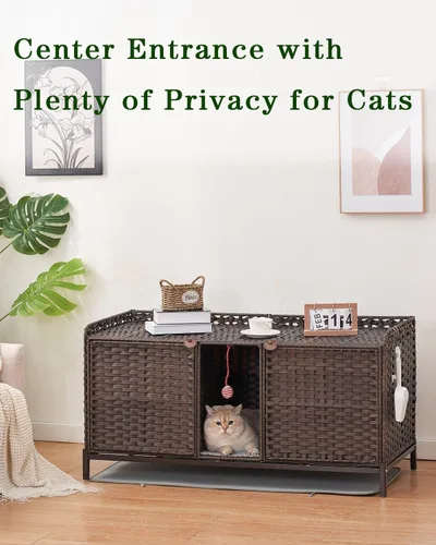 Vista 7 de SETVSON Caja de Arena para Gatos para 2 Gatos, Mueble Oculto de Caja de Arena con Alfombra, Casa Grande de Ratán para Gatos con Habitación Doble