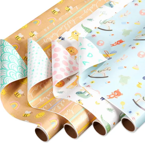 Vista 7 de American Greetings - Papel de regalo reversible de 175 pies cuadrados para fiestas de bebé, cumpleaños y todas las ocasiones, nubes y estrellas
