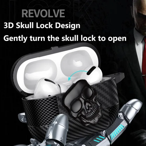 Vista 3 de Funda para AirPods Pro de 2ª generación, calavera con cerradura y llavero para hombres, divertida fibra de carbono de cuerpo completo, a prueba