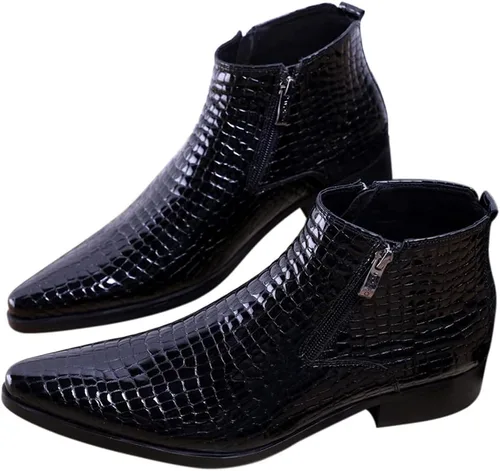 Vista 7 de SANTIMON Botas casuales con puntera puntiaguda con cremallera a cuadros de charol para hombre