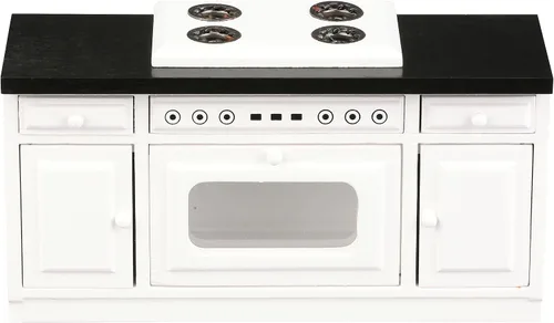 Vista 5 de Estufa de cocina de casa de muñecas de madera, mini horno blanco con quemadores y rango, muebles de gabinete a escala 1:12 para muñecas de 6