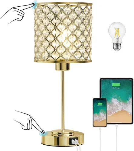Vista 12 de Lámpara de mesa de cristal, lámpara táctil púrpura con puerto USB C+A Púrpura-1