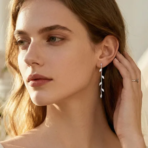 Vista 2 de SLUYNZ Solid 925 Sterling Silver CZ Droplet Dangle Earrings Chain for Women Teens Dainty Olive Leaf Dangling Earrings Elegant Wedding Bridal plata