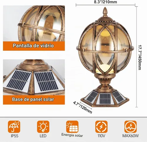 Vista 9 de Luces de pilar al aire libre accionadas por energía solar de 17.7 pulgadas Bronce