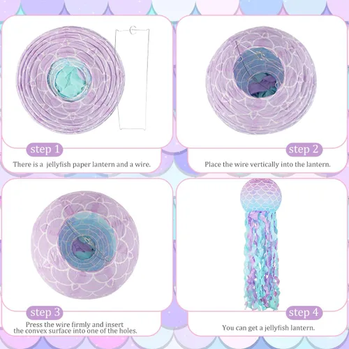 Vista 7 de Decoraciones de cumpleaños de sirena, linternas de papel de medusas rosadas lavanda azul, escamas de sirena colgantes en forma de linterna