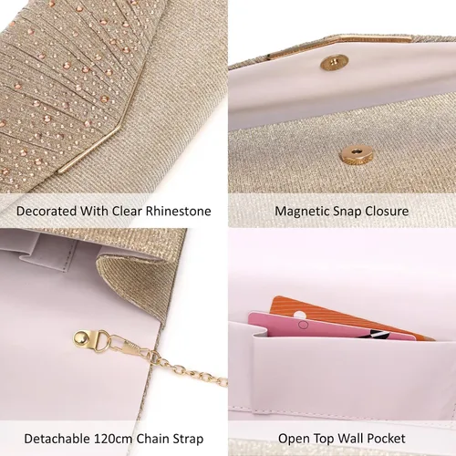 Vista 8 de Bolsos de noche para mujer con lentejuelas y purpurina para mujer bolso formal con sobre de diamantes de imitación para boda fiesta graduación