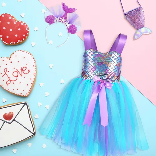 Vista 7 de Mepase Vestido tutú de sirena para niñas pequeñas con diadema, disfraz de sirena, falda tutú con bolsa de lentejuelas moradas para fiesta