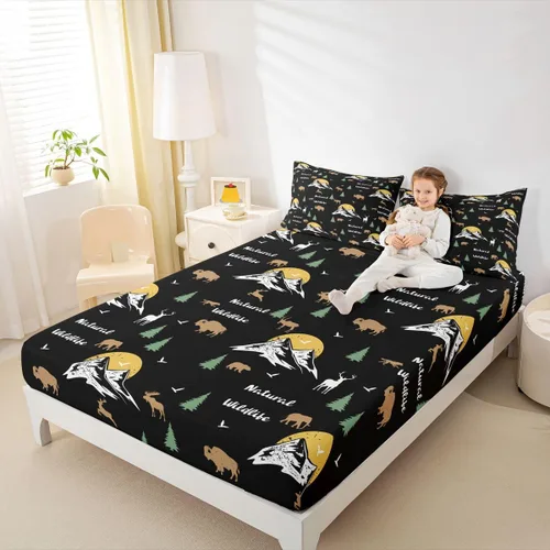 Vista 3 de Erosebridal Happy Camping - Sábana bajera ajustable individual para niños, diseño de animales del bosque del bosque, para bebés, niños y niñas