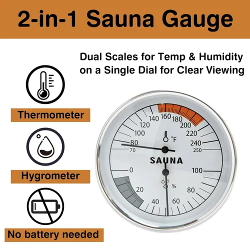 Vista 2 de Termómetro e higrómetro de sauna 2 en 1 (Fahrenheit) para salas de sauna, 70-250 y 0-100% HR, accesorios de sauna