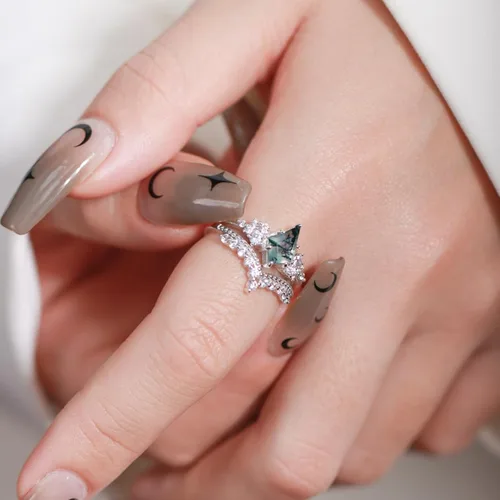 Vista 3 de ELMERA Anillo de compromiso para mujer, plata de ley 925, ágata musgo natural, anillo de promesa para ella, anillo de compromiso de ágata musgo