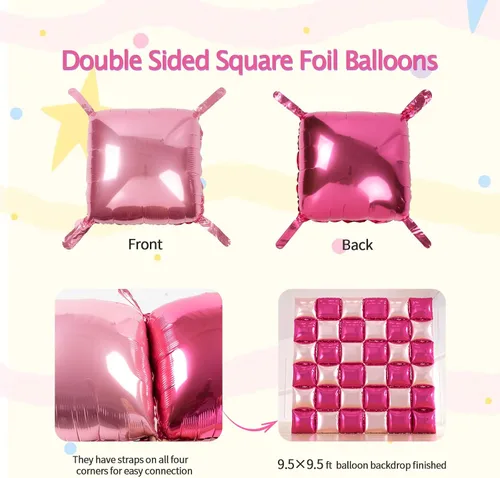 Vista 2 de 36 globos rosa intenso de papel aluminio cuadrados de doble cara para decoración de pared con kit de arco de 188 globos rosa y globos de mylar