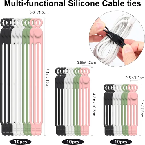 Vista 2 de OneLeaf 30Pcs Organizador de cables, bridas de silicona reutilizables, bridas para electrónica, bridas elásticas multiusos, artículos esenciales