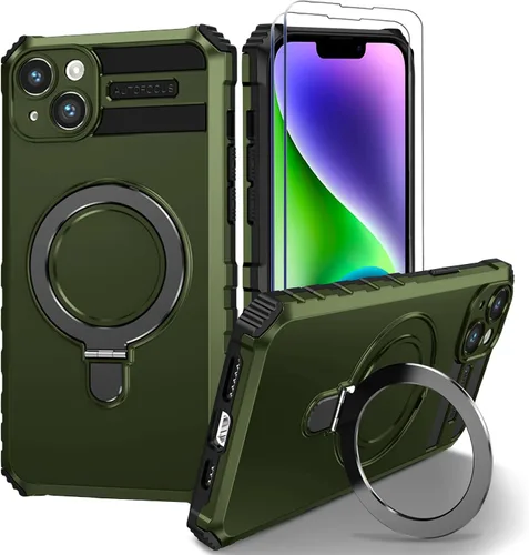 Vista 29 de Funda magnética para iPhone 11 [compatible con MagSafe] con 2 protectores de pantalla de vidrio templado con soporte de anillo, grado militar Azul