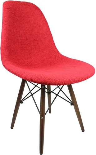 Vista 3 de Mid-Century - Silla de comedor lateral tapizada de tela tejida moderna con patas Eiffel de madera de nogal oscuro, juego de 2 (rojo)