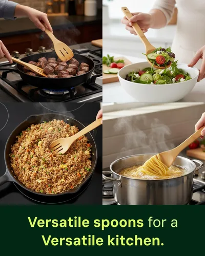 Vista 6 de Cucharas de bambú para cocinar - Juego de 8 cucharas con soporte - Cucharas de cocina de madera - Utensilios de cocina de bambú no tóxicos