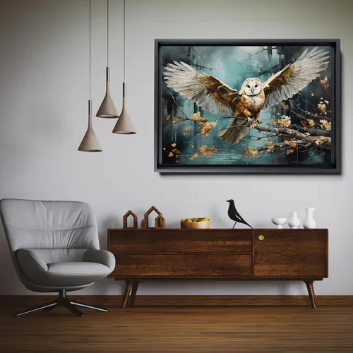 Vista 5 de Flying owl with trees, leaves, forest double exposure, nature animal, owl illusion art, wrapped framed canvas print, office wall art