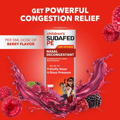 Vista 5 de Sudafed Descongestionante Nasal PE Para Niños, Medicina Líquida para el Alivio del Resfriado con Fenilefrina HCl, Sin Alcohol y Sin Azúcar, Sabor a