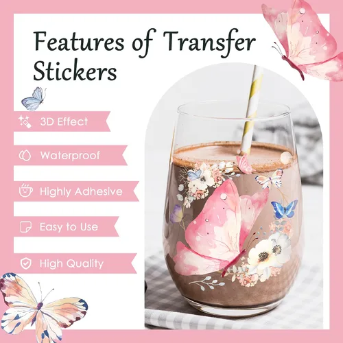 Vista 4 de AFRITEE Envolturas de tazas UV DTF – 8 hojas de pintura de acuarela de mariposa azul rosa colorido flor floral mariposa frotar en transferencias UV