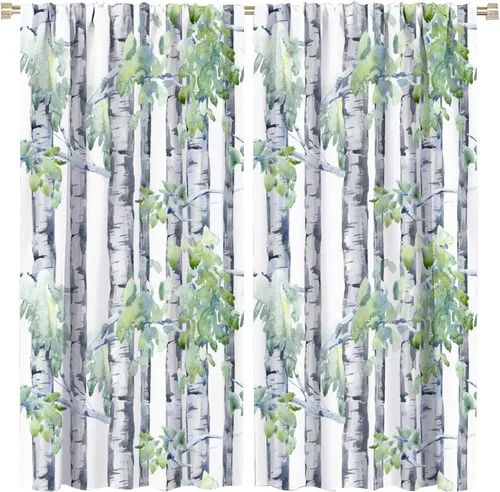 Vista 11 de Cortina opaca de bosque de verano, diseño de ramas de bosque, con bolsillo para barra, cortinas farbic con bolsillo para barra, comedor, cafetería
