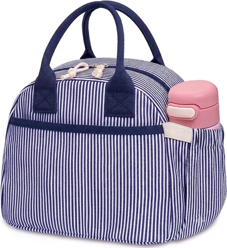 Vista 10 de Carry bloom Lonchera para mujer, lonchera aislada, bonita lonchera de pana reutilizable para el trabajo (1 rayas blancas y negras)