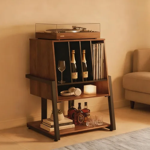 Vista 9 de FITUEYES Armario de bar de diseño con soporte giratorio, gabinete de barra de registro vintage, almacenamiento de vinilo y exhibición de vino, grano