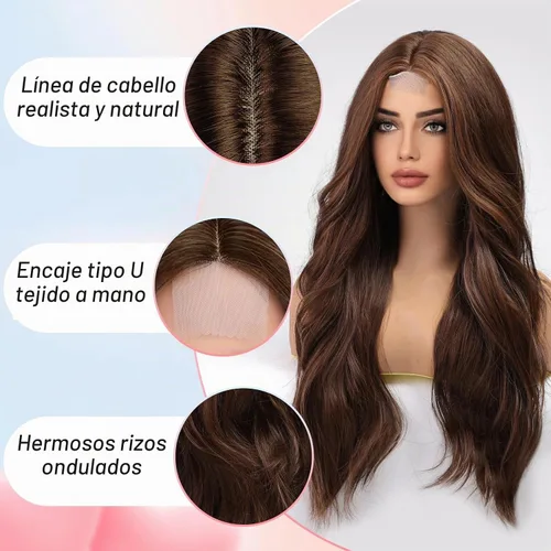 Vista 3 de EMMOR Peluca larga y ondulada marrón mixta para mujer, pelucas de encaje frontal, aspecto natural, 26 pulgadas, parte media, peluca rizada