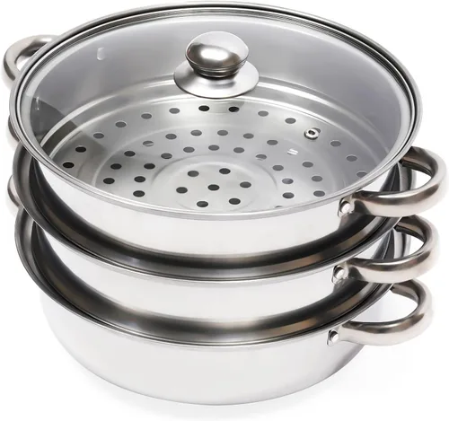 Vista 4 de Vaporizador de 3 niveles, olla de vapor de cocina de acero inoxidable de 11 pulgadas, olla de cocción de carne de verduras, vaporizador de arroz