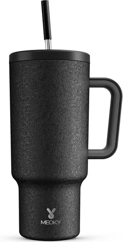 Vista 62 de Meoky - Vaso de 30 oz con asa, tapa y pajilla, taza de viaje térmica de acero inoxidable 100% a prueba de fugas, para portavasos, mantiene el frío