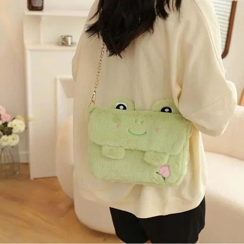 Vista 6 de Bolso cruzado de animal de felpa, lindo bolso de felpa Lolita, divertido regalo de cumpleaños para mujeres y niñas, Verde
